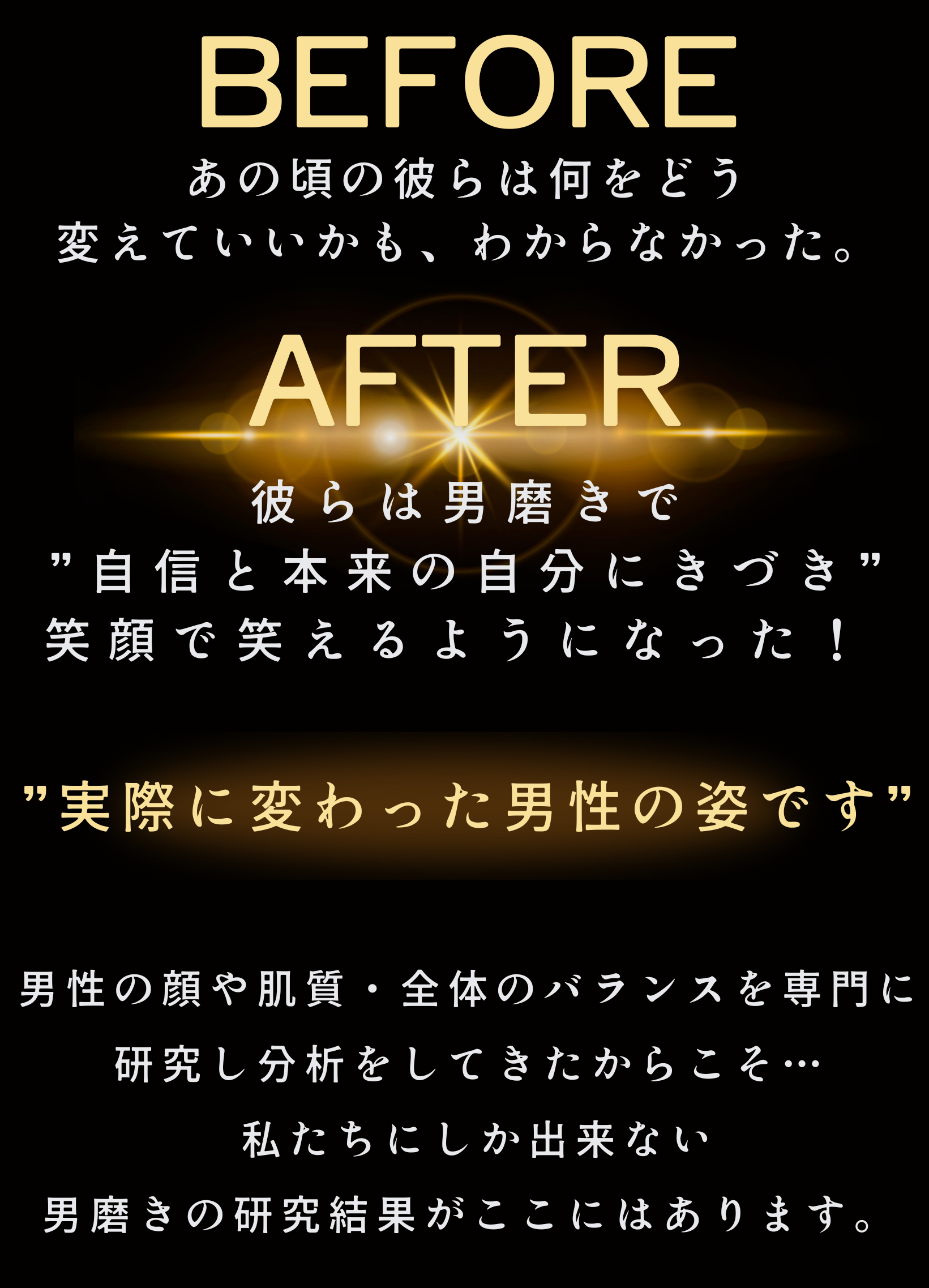 彼らは男磨きで
”自信と本来の自分にきづき”
笑顔で笑えるようになった！
Before

After
”実際に変わった男性の姿です”
男性の顔や肌質・全体のバランスを専門に
研究し分析をしてきたからこそ…
 私たちにしか出来ない
男磨きの研究結果がここにはあります。
あの頃の彼らは何をどう
変えていいかも、わからなかった。