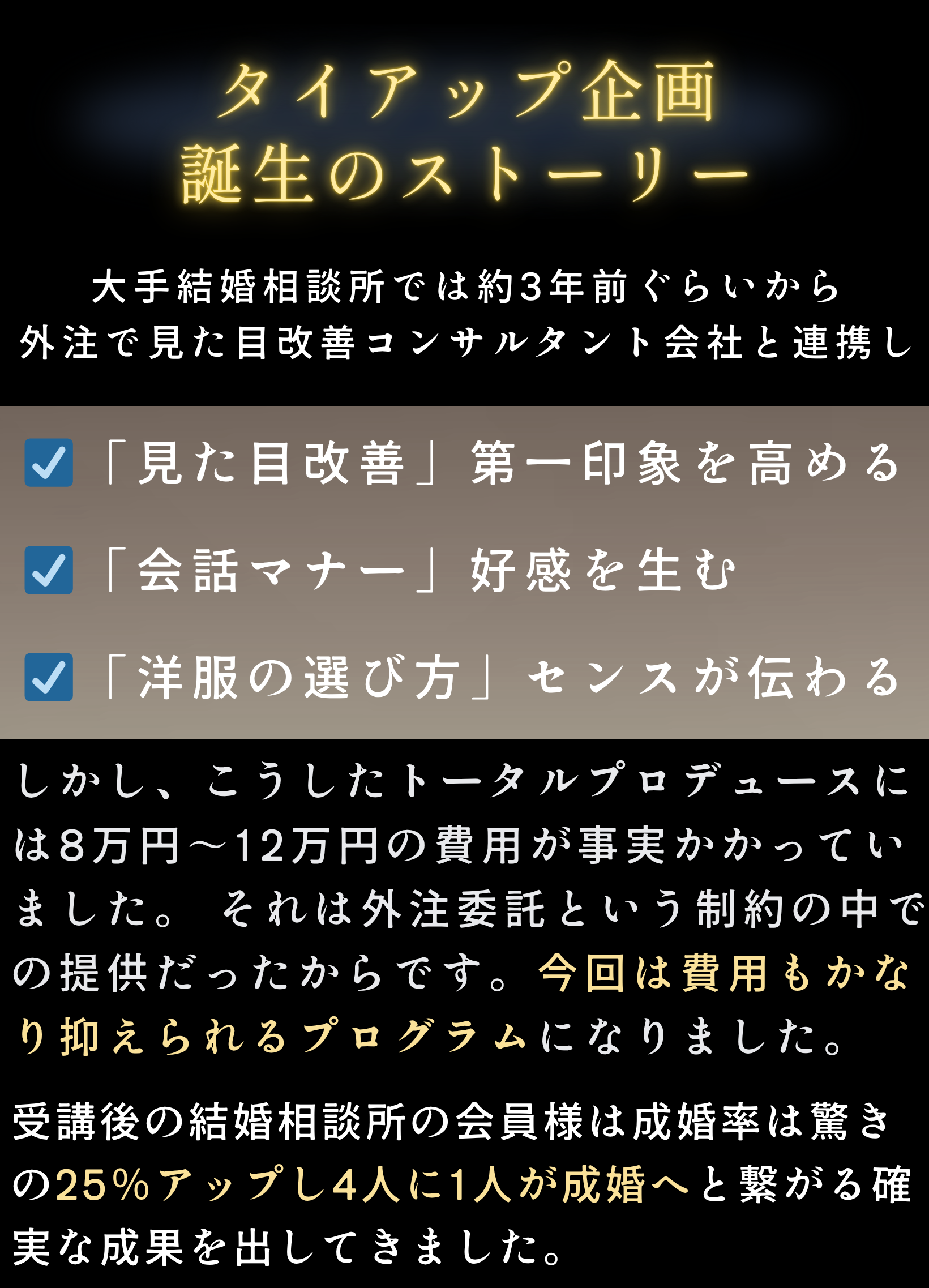 しかし、こうしたトータルプロデュースには8万円〜12万円の費用が事実かかっていました。 それは外部委託という制約の中での提供だったからです。費用もかなり抑えられるプログラムです

成婚率は驚きの25％アップし4人に1人が成婚へと繋がる確実な成果を出してきました。

そこで今回、「男の恋愛婚活ラボ社」とのタイアップにより、 従来の枠を超えた、新たな“進化系婚活プロジェクト”が誕生しました。

外注ではなく、本気の自分磨きと、本気の出会いサポートをワンチームで実現しより成果に直結するサポート体制で、あなたの婚活が本気で変わるります

料金についても相場の3/1程度の金額でご案内が可能になりました。
☑「見た目改善」第一印象を高める 
☑「会話マナー」好感を生む 
☑「洋服の選び方」センスが伝わる
タイアップ企画
誕生のストーリー

大手結婚相談所では約3年前ぐらいから
外部の見た目改善コンサルタント会社と連携し
“男磨き”のサポートは外部委託でした